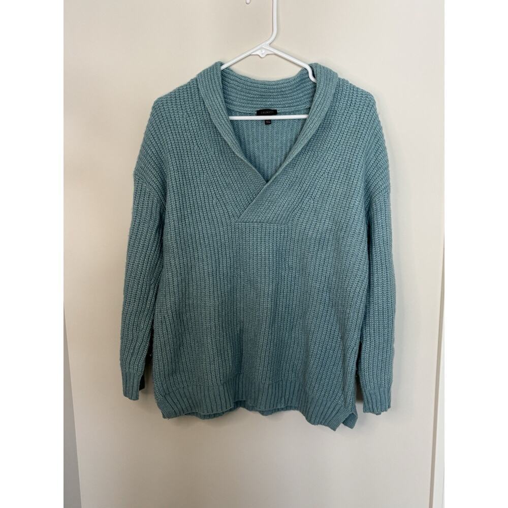 Wool Nylon Blend Shawl Collar Shaker‎ Knit Sweater Women S Blue Coastal Grandma